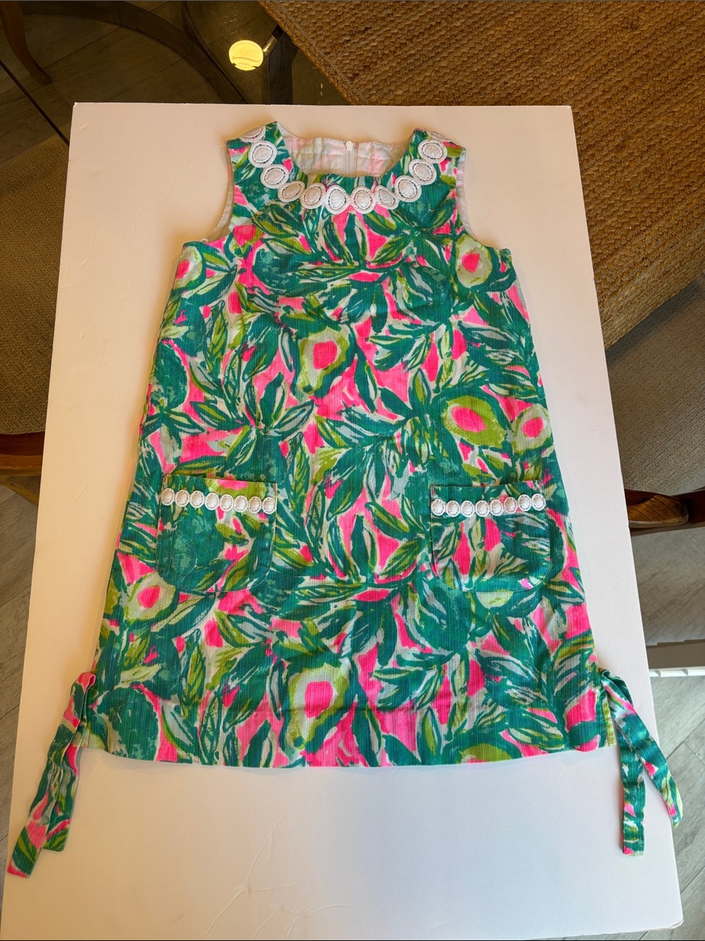 Lilly Pulitzer Girls Sleeveless Pink & Green Tropical Dress White Trim Size 6